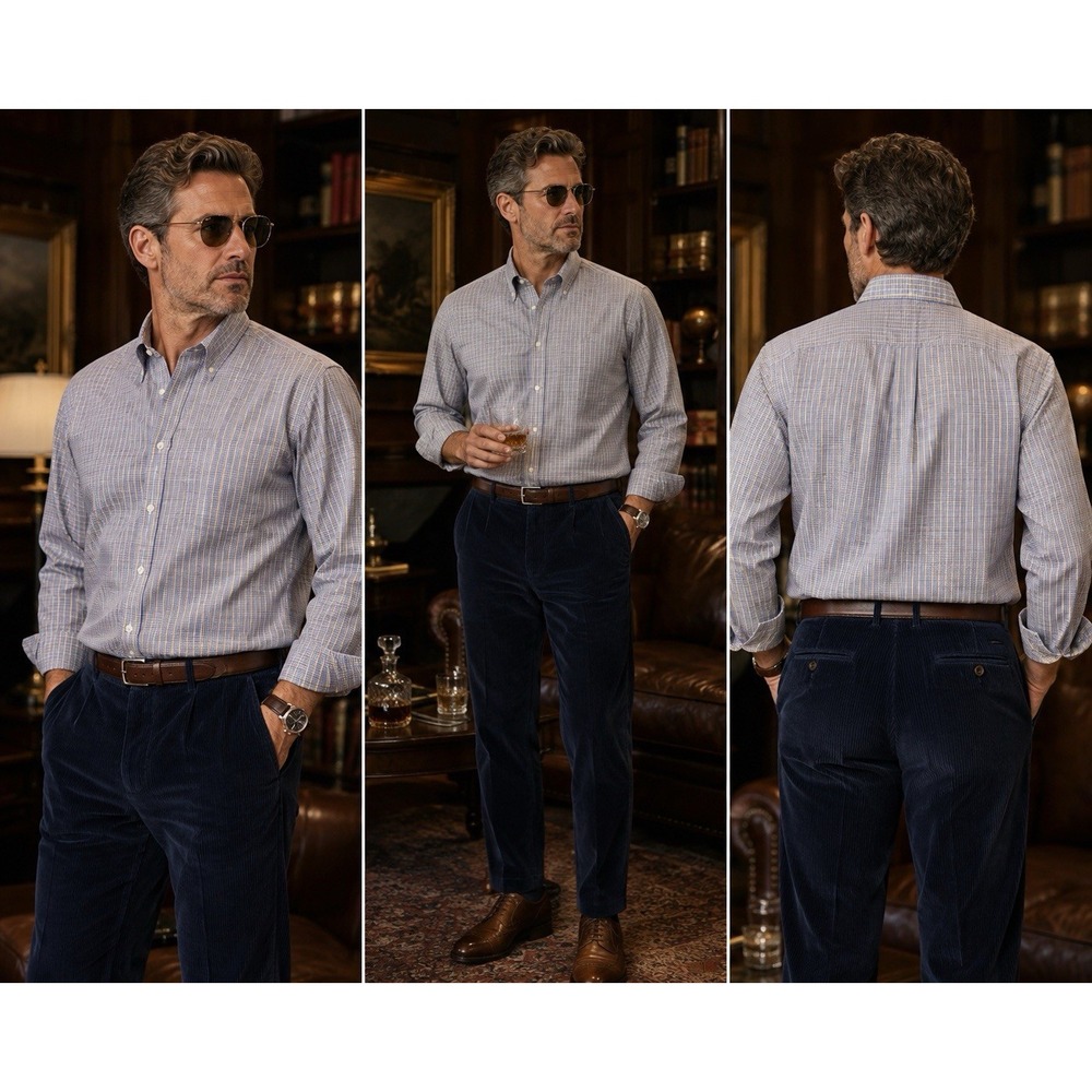 Paul Fredrick Mens Blue Yellow Checker Dress Shirt 17 36 Trim Fit Cotton